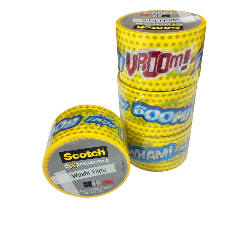 Scotch Expressions Washi Tape 4 Rolls Comic Book Boom Vroom Wham Yellow 30mm
